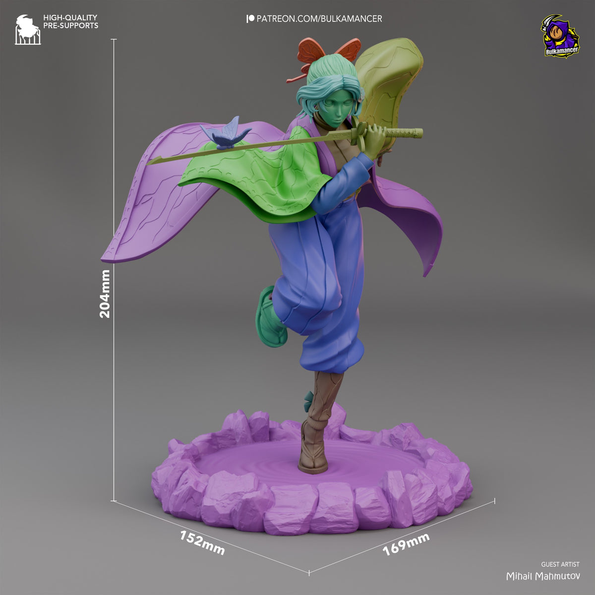 Shinobu Kocho resin figure shown at 204mm height with scale reference, dynamic pose holding katana, purple base, fully painted with vibrant colors.