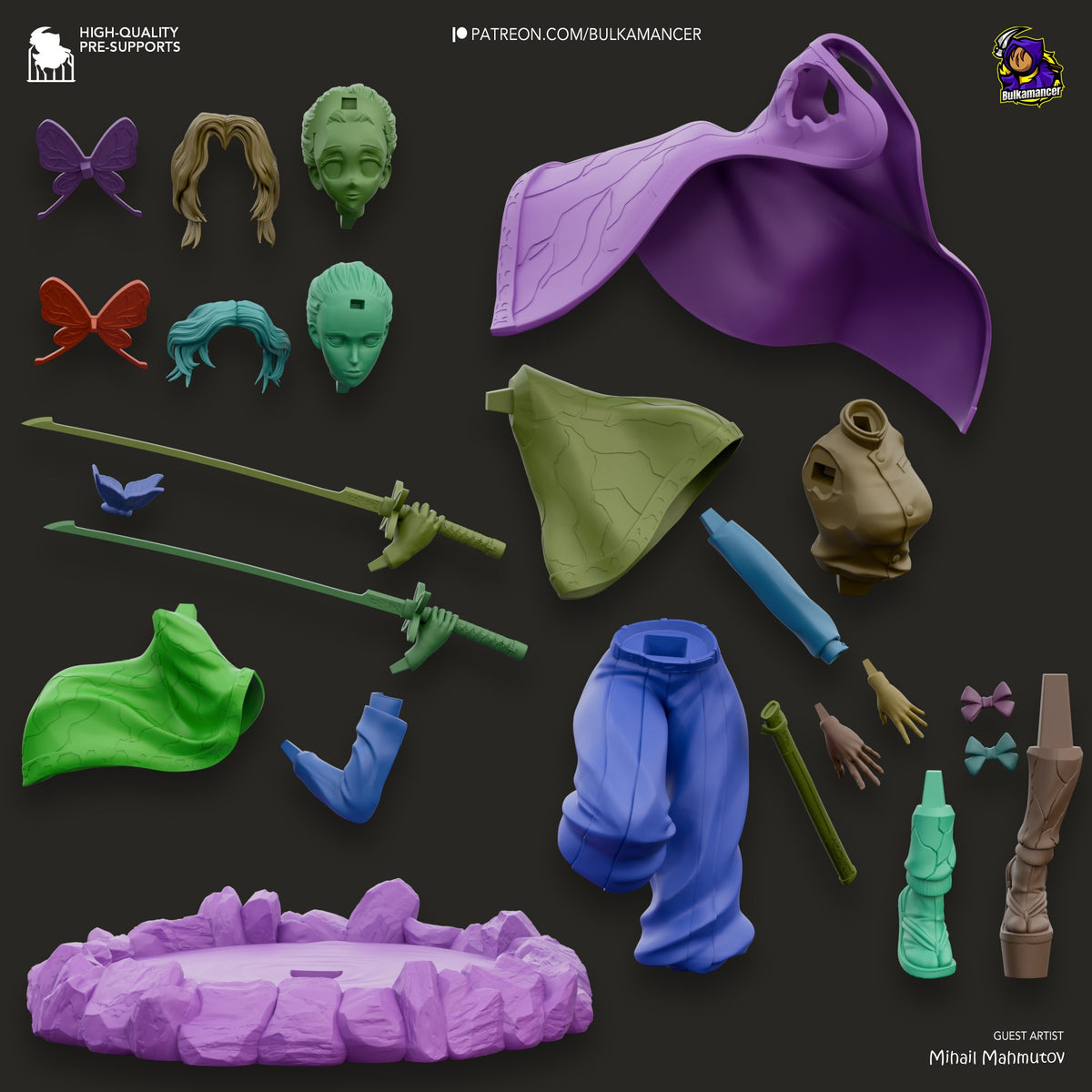 Shinobu Kocho resin figure parts display: heads, hair pieces, purple cloak, weapons, hands, base, and accessories in various paint stages.