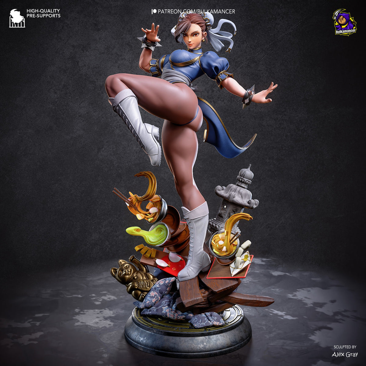 Chun-Li from Street Fighter resin figure in dynamic kick pose, blue outfit with white boots, detailed base with game-themed elements, professional studio lighting.