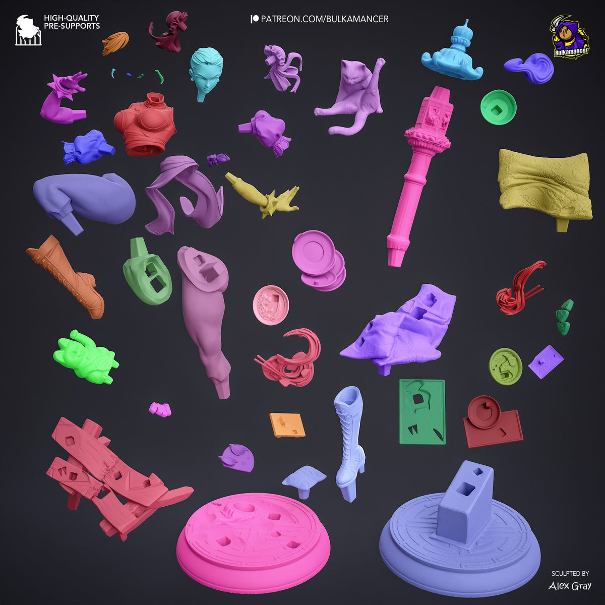 Colorful 3D printed resin figure parts for Chun Li from Street Fighter, including head, torso, limbs, and accessories displayed on two circular bases, sculpted by Alex Gray.