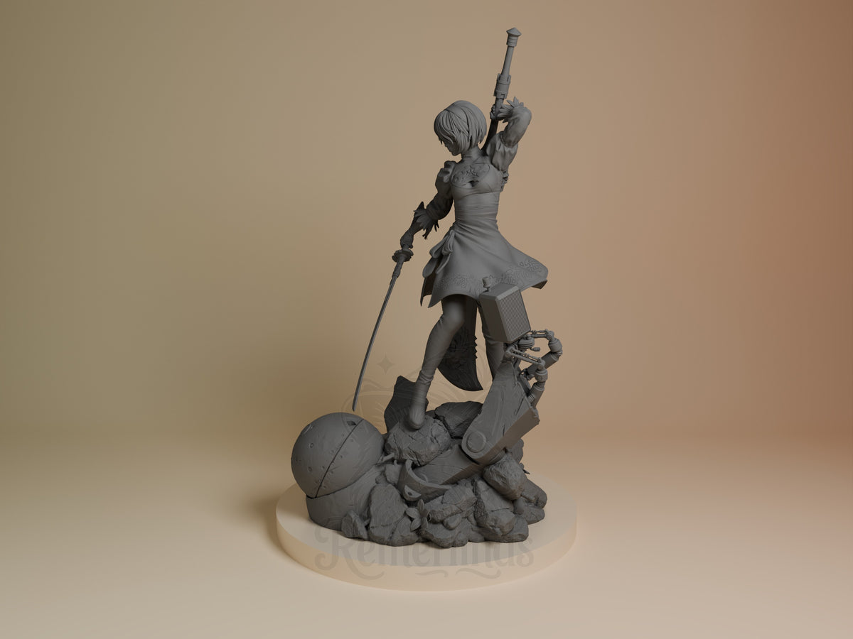 2B resin figure from NieR: Automata in gray unpainted resin, posed with staff raised, standing on rocky base with sphere element, angled side view.