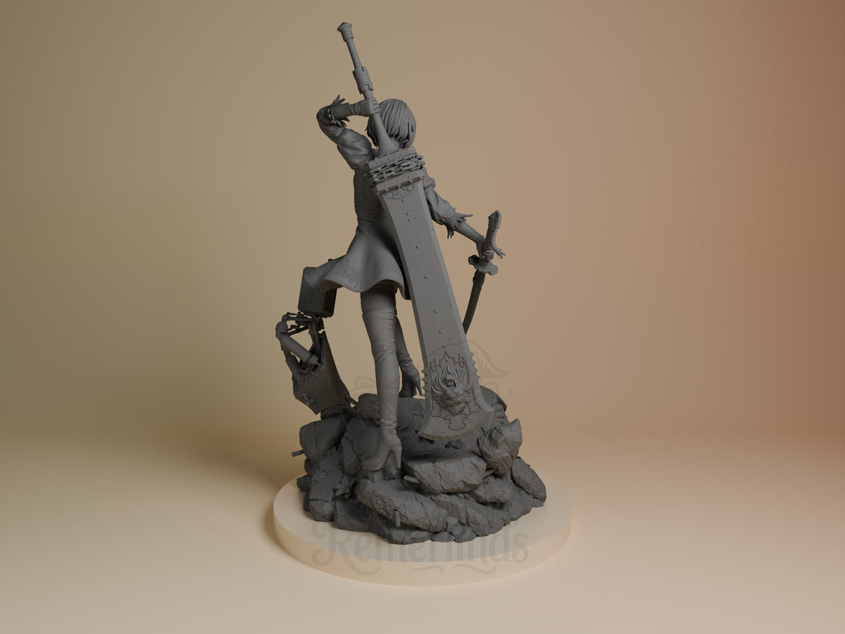 2B from NieR: Automata resin figure viewed from back, unpainted gray resin, dynamic pose with sword raised, rocky base, detailed costume and weapons visible.