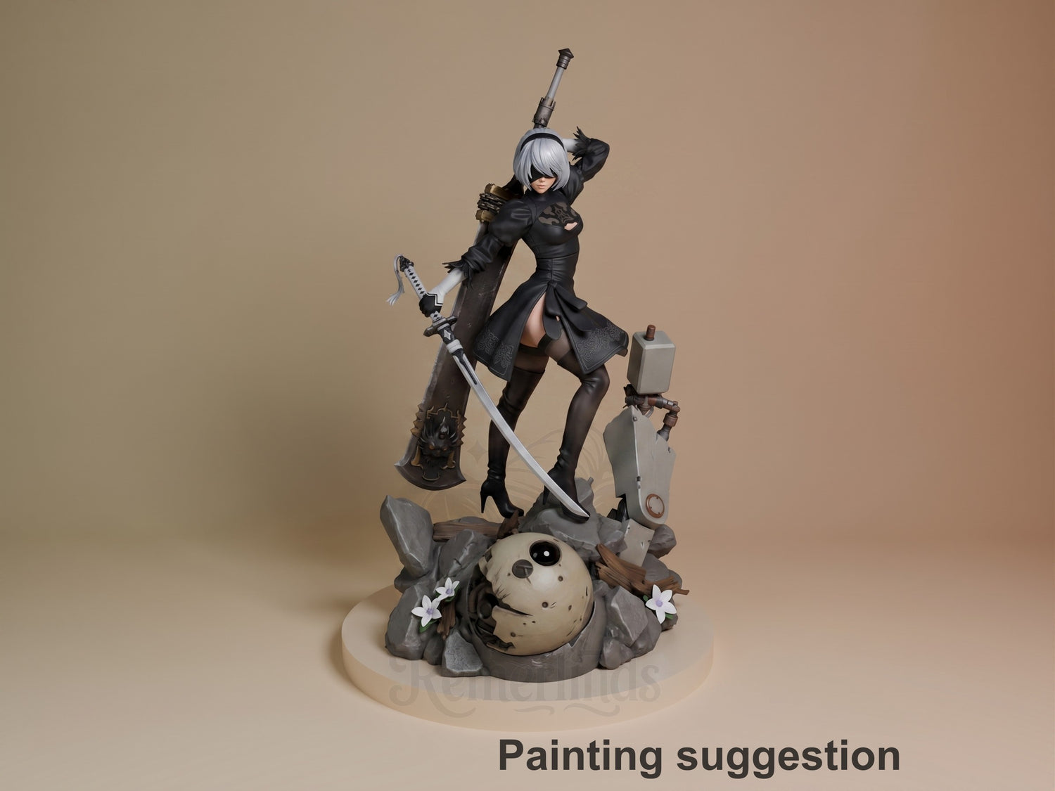 2B resin figure from NieR: Automata in dynamic pose with sword, standing on decorative base with pod, painted black outfit and silver hair.