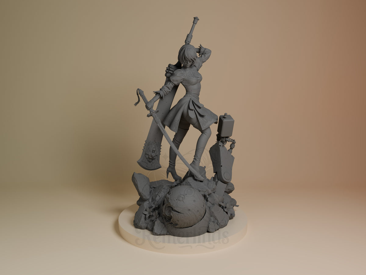 2B from NieR: Automata resin figure in dynamic pose with axe and sword, unpainted gray finish, rocky base, front view.