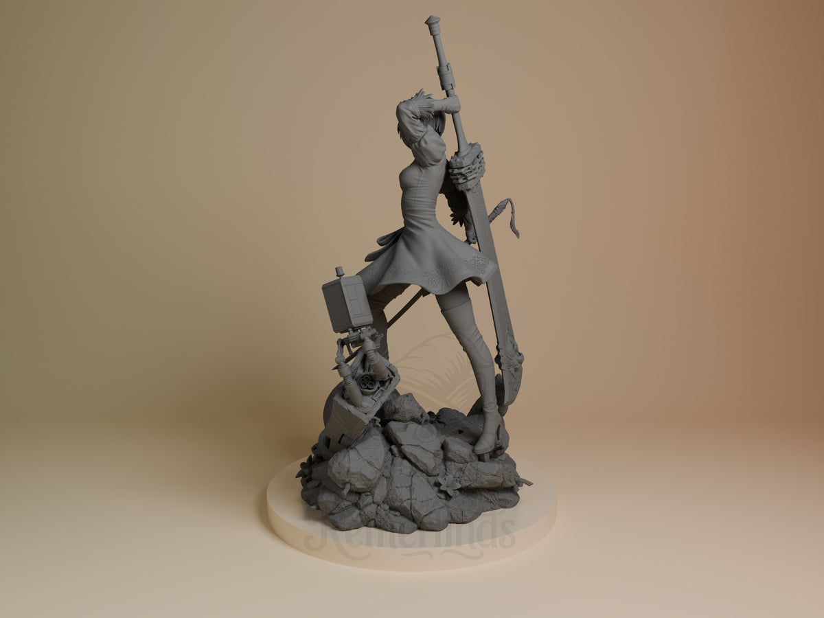 2B resin figure from NieR: Automata in unpainted gray, posed with sword raised, standing on rocky base, left side view.