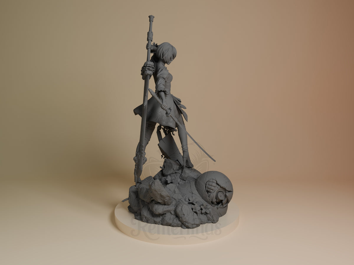 2B from NieR: Automata resin figure in right profile pose, holding spear aloft on rocky base with spherical prop, unpainted gray finish.