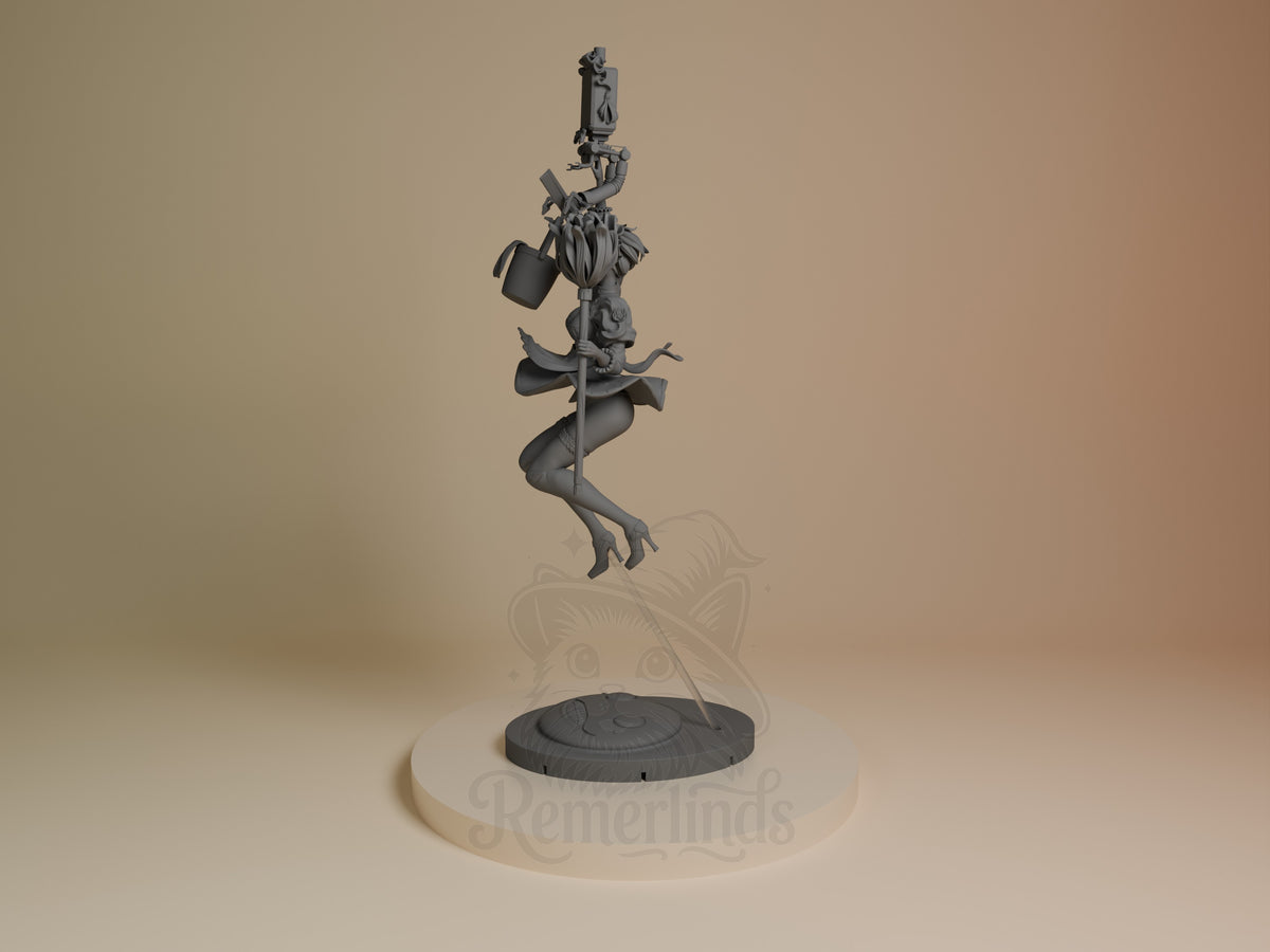 2B Maid resin figure from NieR: Automata in dynamic pose on circular base, side angle view showing unpainted gray details.