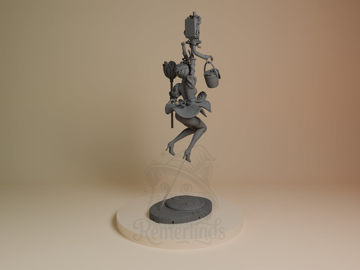 2B Maid resin figure from NieR: Automata shown from back angle, unpainted gray resin, posed mid-leap holding basket and flowers on circular base.