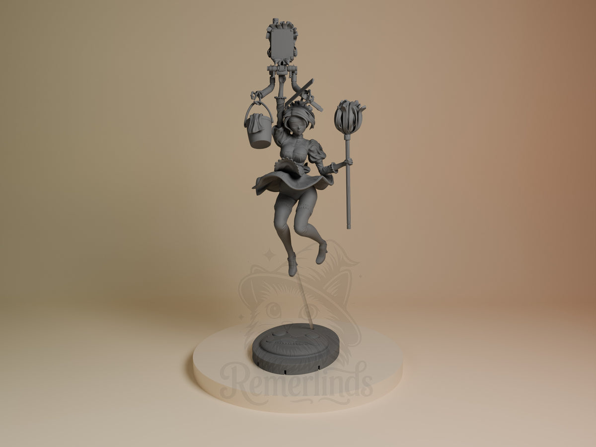 2B Maid resin figure from NieR: Automata in unpainted gray, posed mid-leap holding bucket and staff, mounted on circular base, front view.