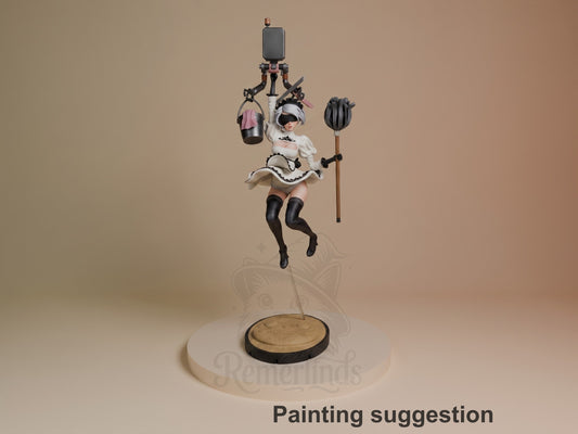 2B Maid from NieR: Automata painted resin figure in dynamic jumping pose, holding weapons and flower staff, mounted on wooden base.
