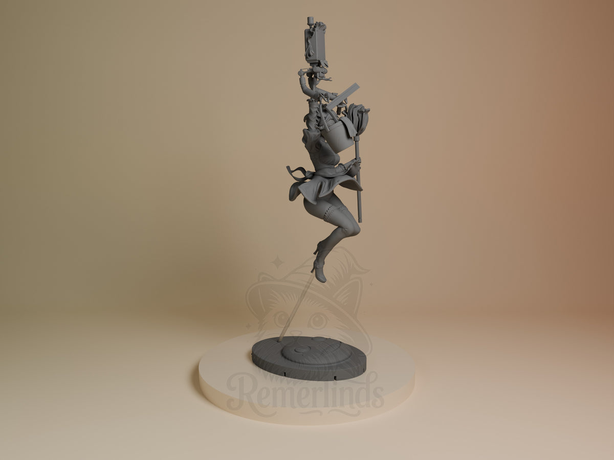 2B Maid resin figure from NieR: Automata in dynamic jumping pose, unpainted gray resin, shown from right angle on circular base.
