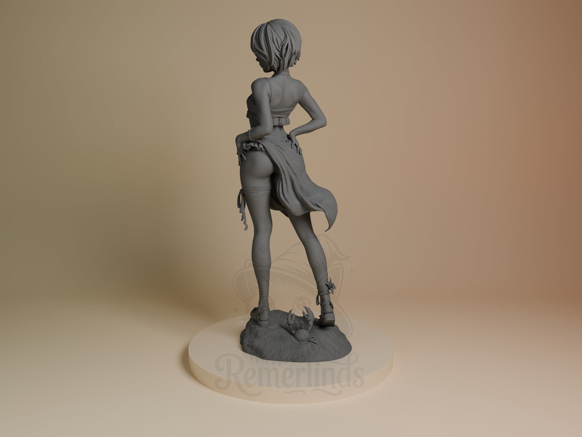 2B Swimsuit from NieR: Automata is an unpainted resin figure, rear-facing on a sculpted base.