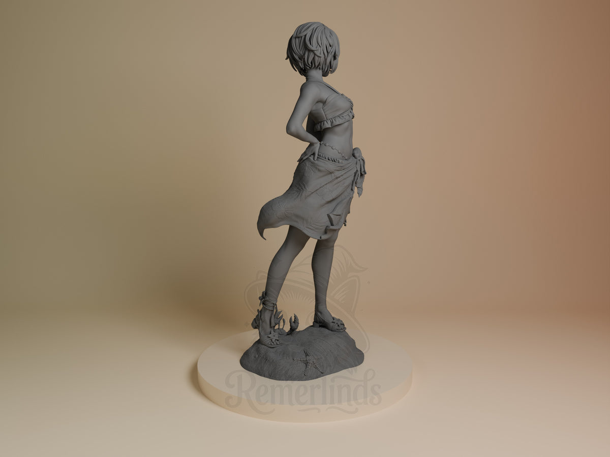 Unpainted resin figure of 2B Swimsuit from NieR: Automata in a rear three-quarter view, with skirt and sculpted base.