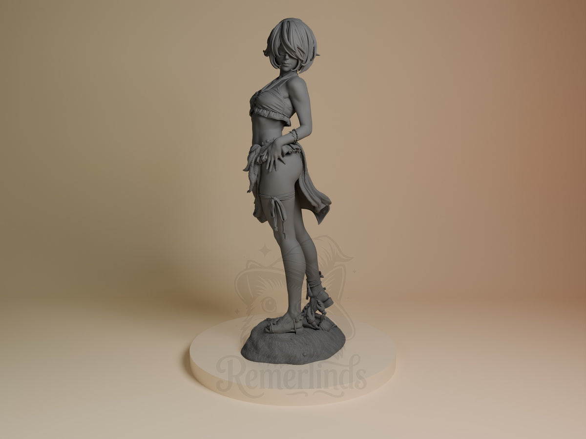 Front three-quarter view shows unpainted 2B Swimsuit from NieR: Automata resin figure with top, bottoms, and sculpted oval ?