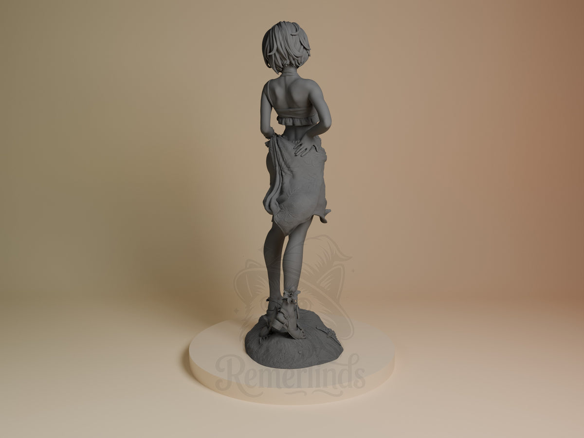 Unpainted rear view shows 2B Swimsuit from NieR: Automata resin figure posed on sculpted base.