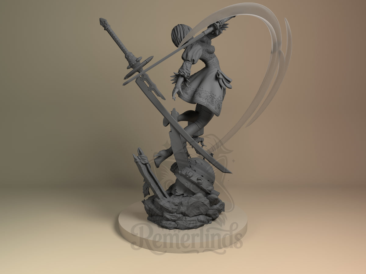 Back view of 2B from NieR: Automata, an unpainted resin figure with swords on a rocky base.