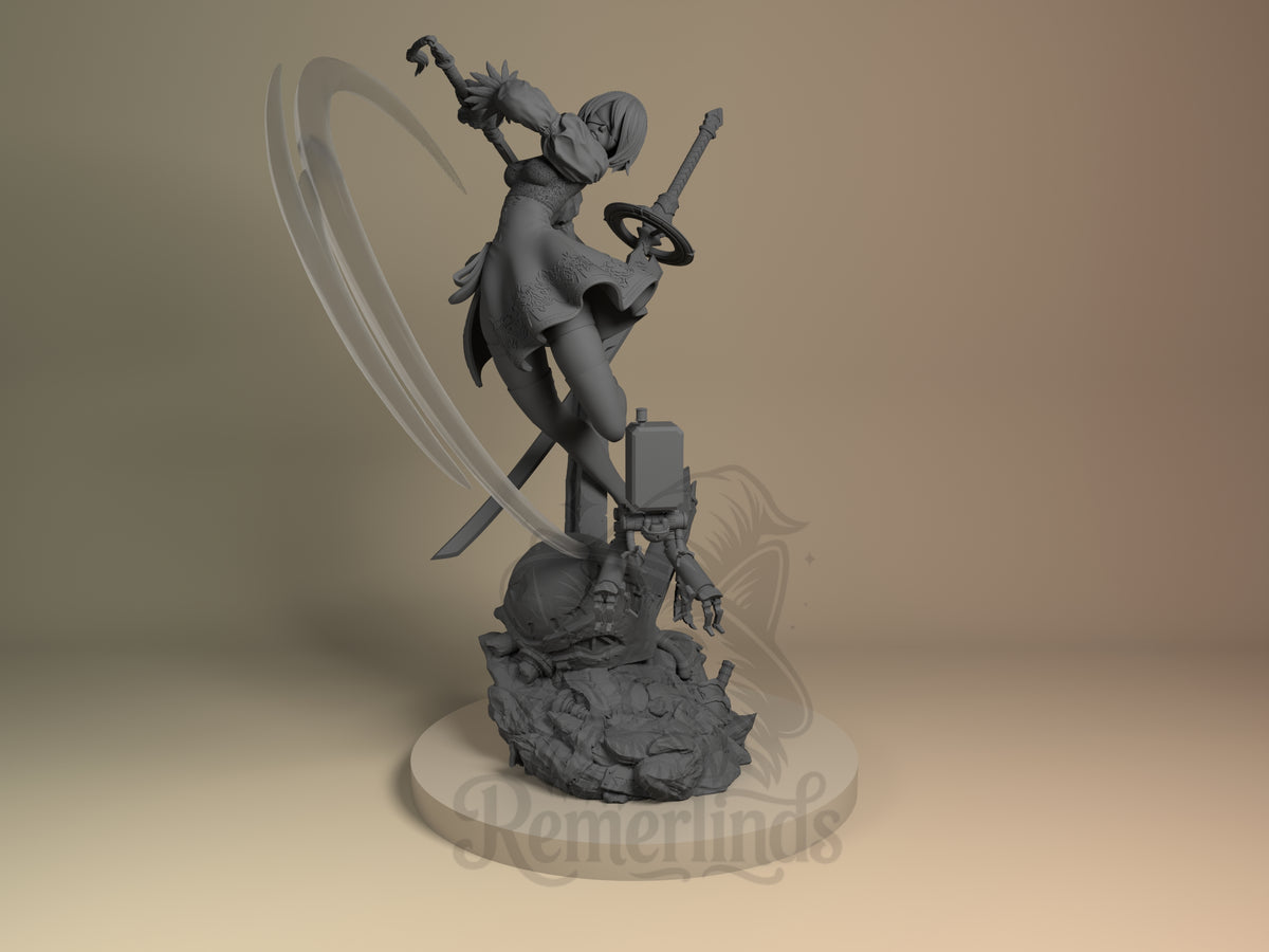 Front view of 2B from NieR: Automata, an unpainted resin figure with sword on a sculpted base.