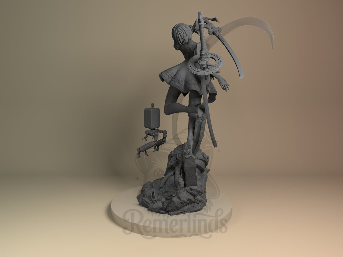 Unpainted 2B from NieR: Automata resin figure has a rear angle, bent leg, weapons, and base.