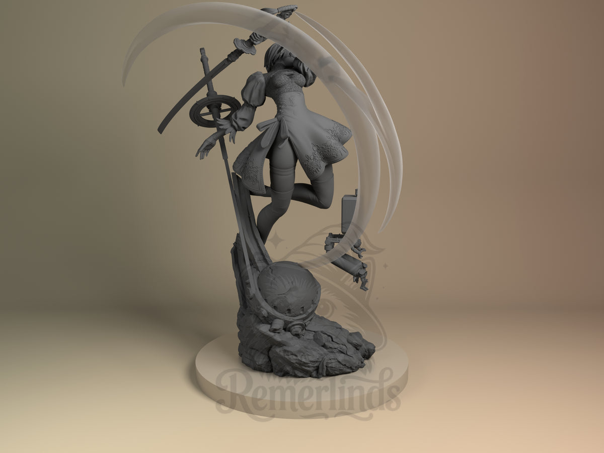 Unpainted 2B from NieR: Automata resin figure viewed from the right, posed on a sculpted base.