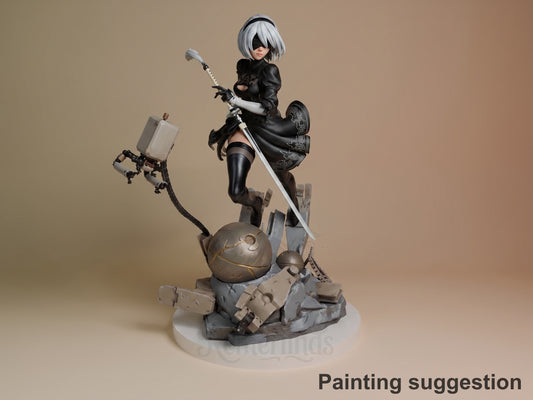 2B resin figure from NieR: Automata in dynamic pose on detailed base, silver hair, black outfit, holding sword and staff, painted with metallic accents.