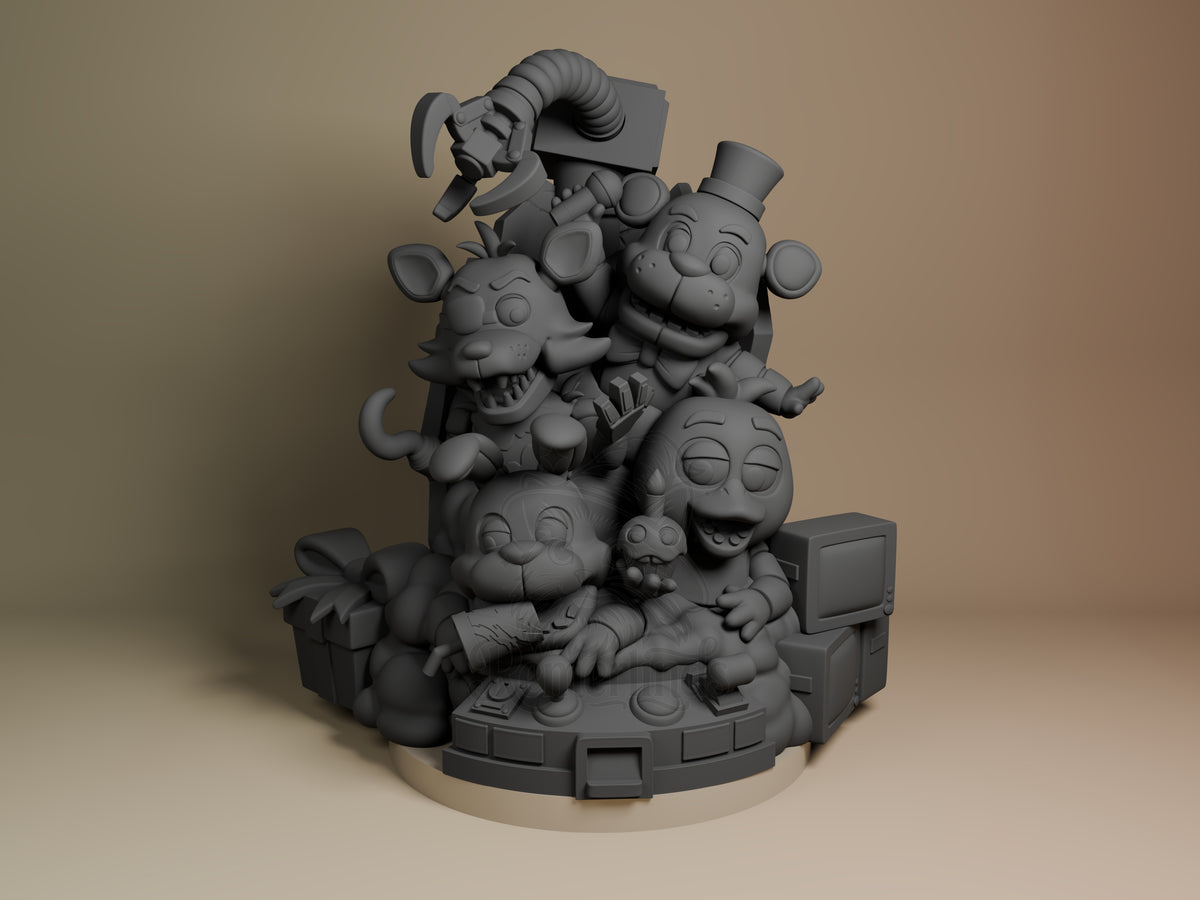 Front view shows an unpainted 5 Nights at Freddys resin figure from 5 Nights at Freddys on a sculpted base.