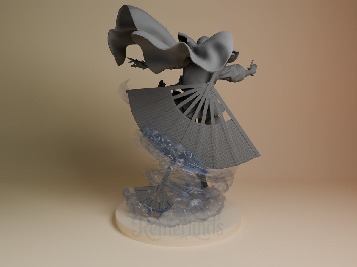 Back view of Galeborn from Avatar: The Last Airbender, an unpainted resin figure with cape and swirling base.