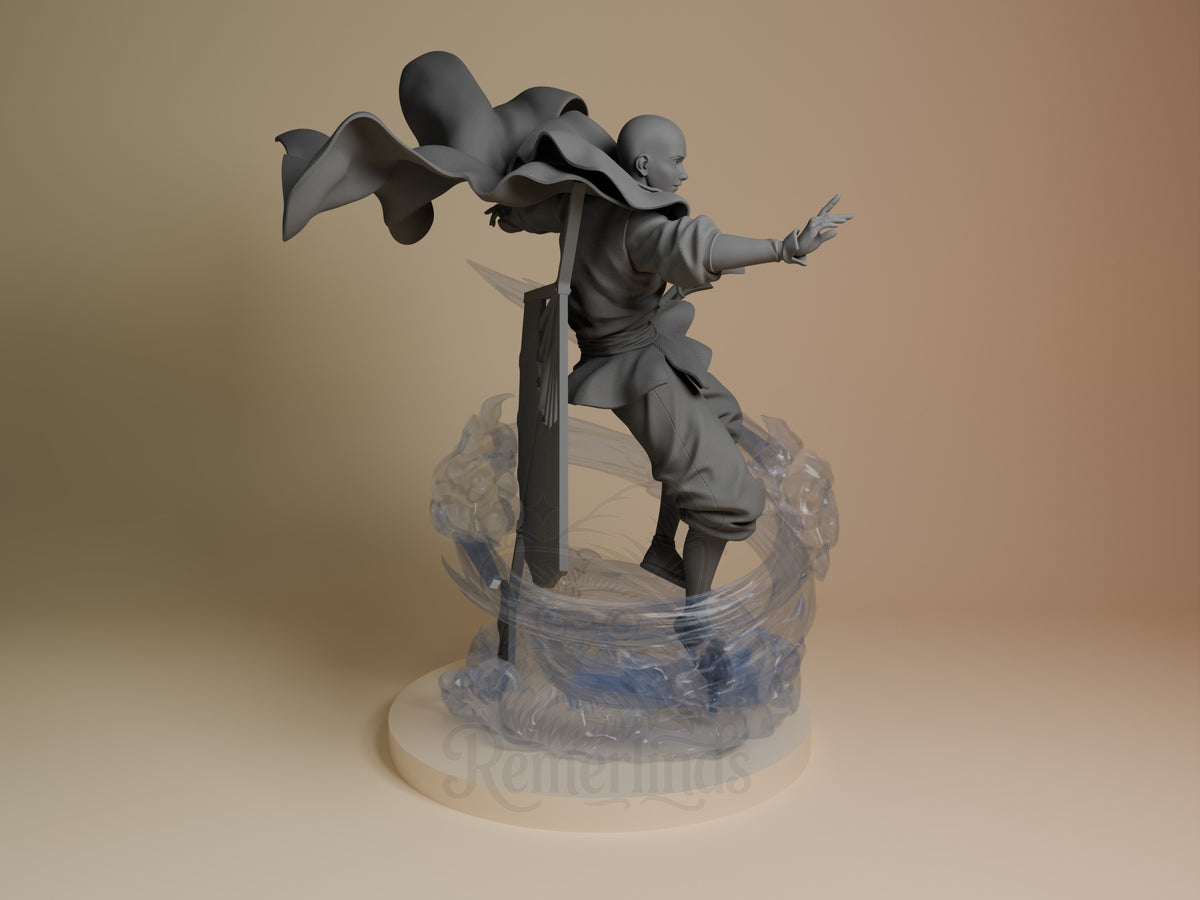 Right-side view shows unpainted Galeborn, a resin figure from Avatar: The Last Airbender, crouching on a swirling sculpted ‎.