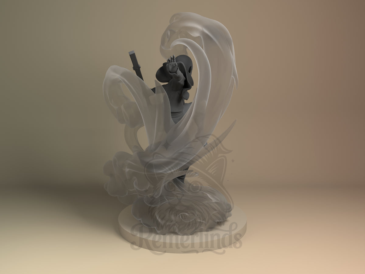 Back view shows Galeborn from Avatar: The Last Airbender as an unpainted resin figure with curled forms and sculpted base.