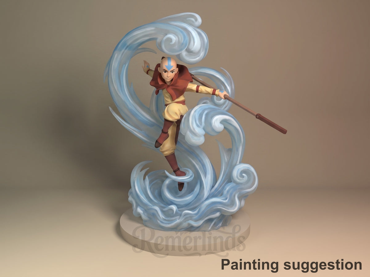 Painted Galeborn resin figure from Avatar: The Last Airbender leaps with a staff above a sculpted water base.