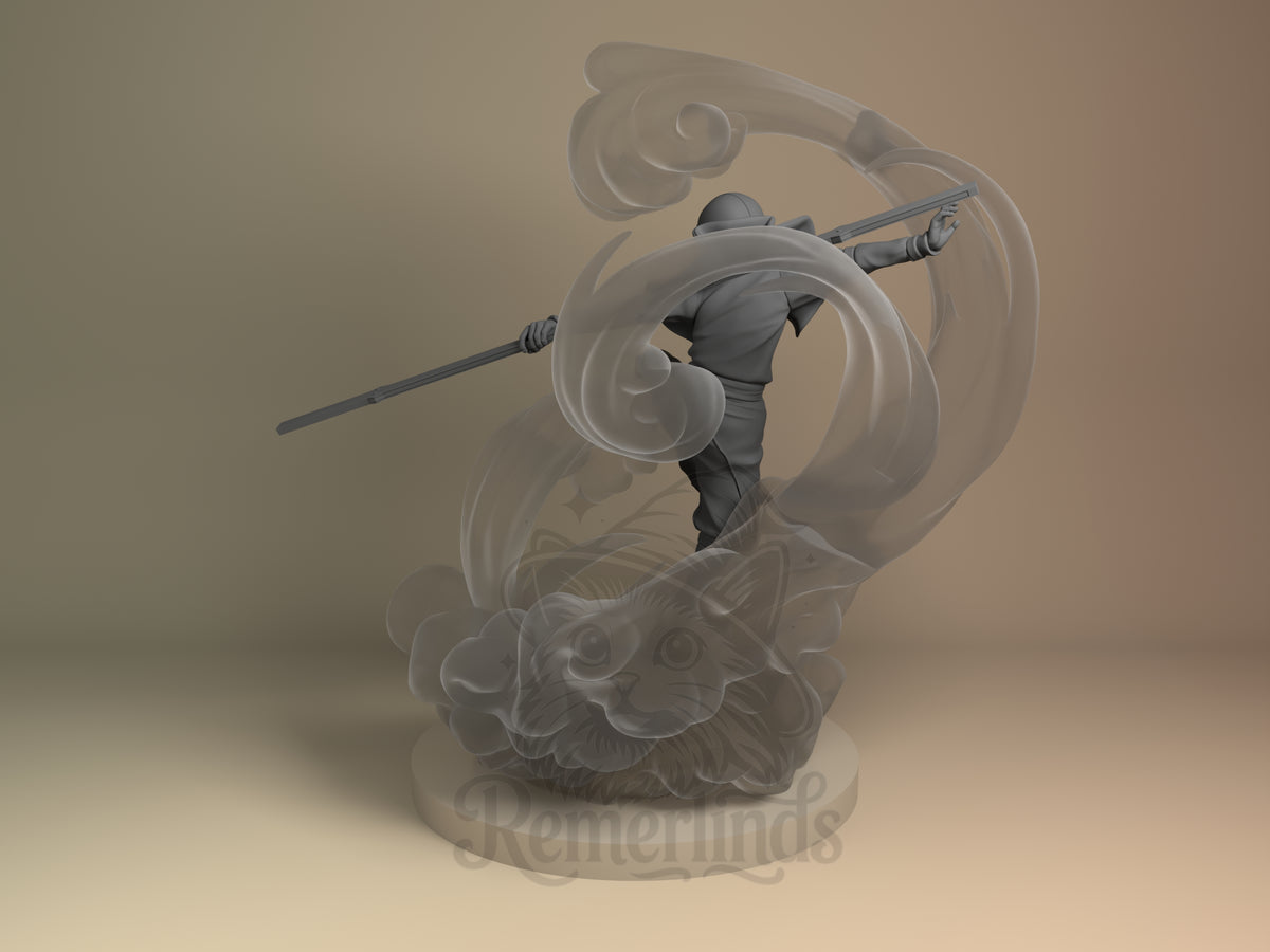 Galeborn from Avatar: The Last Airbender is an unpainted resin figure with staff and wind swirls above a cat base.