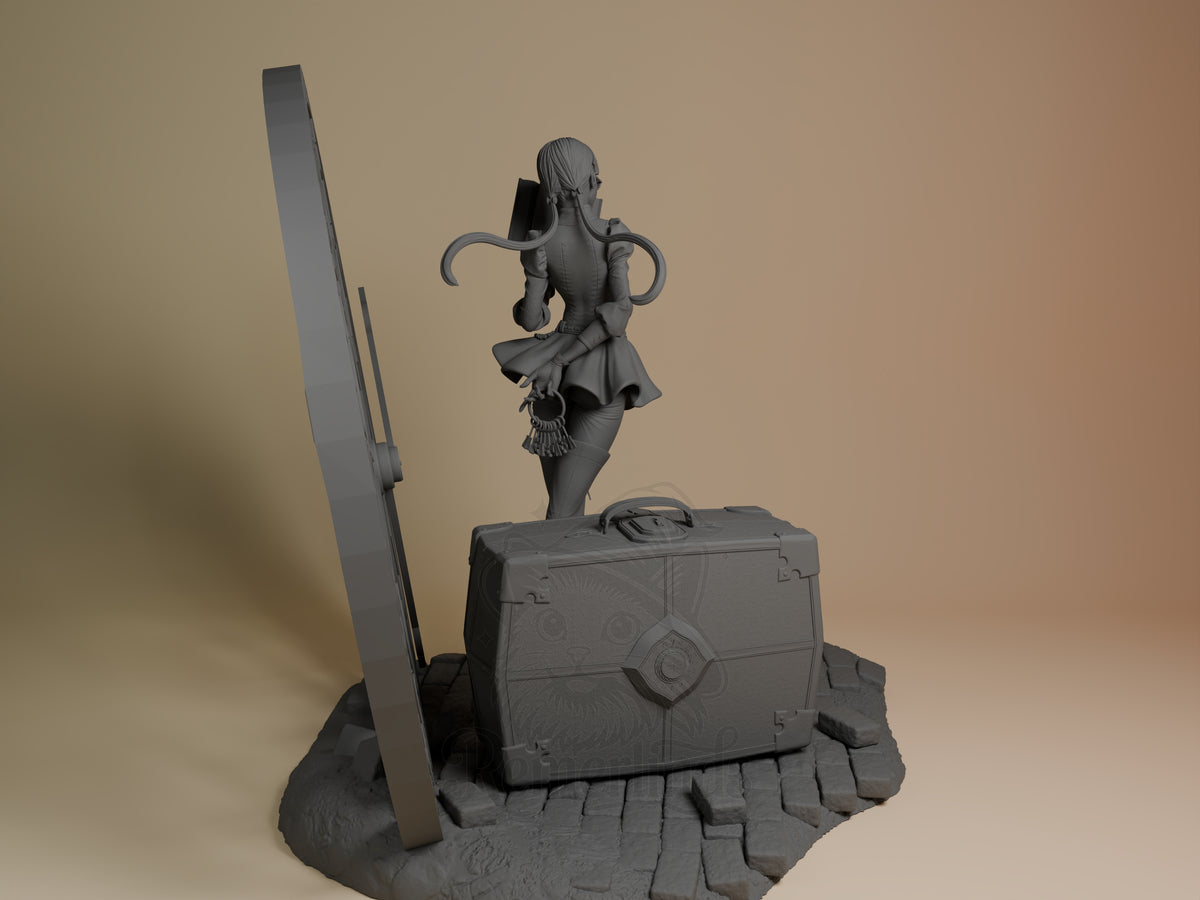 Accord from Drakengard resin figure viewed from behind, unpainted, with sword, case, and base.