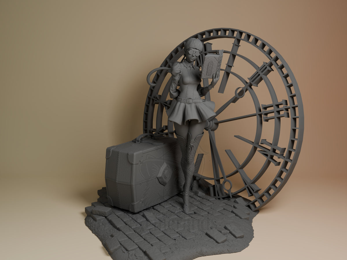 Front-view Accord from Drakengard holds a book as an unpainted resin figure on a clock base.