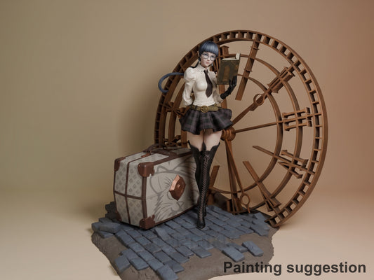 Accord from Drakengard resin figure standing on brick base with vintage suitcase and large wooden gear backdrop, painted in school uniform with glasses.