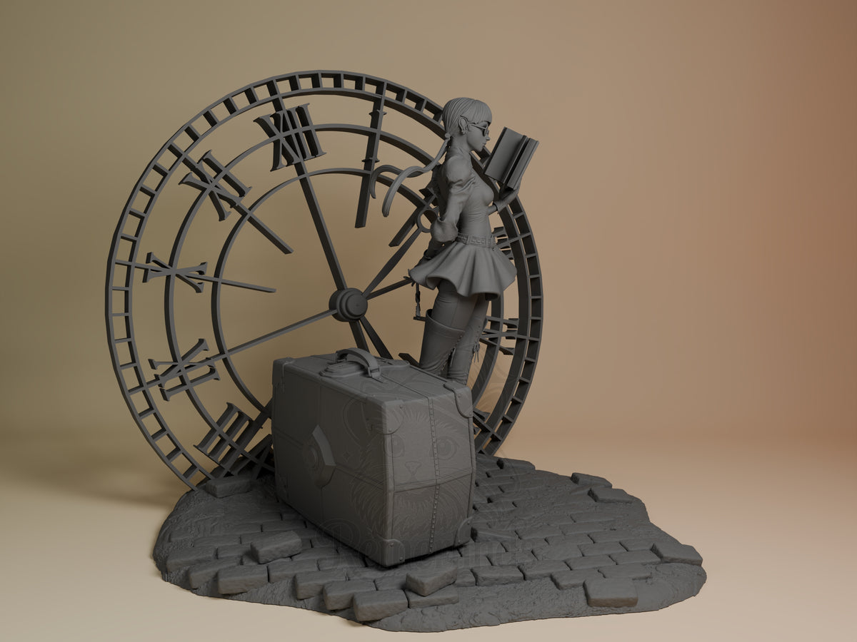 Accord from Drakengard resin figure in right profile, unpainted, holding a book beside a suitcase on a clock-and-cobblestone.
