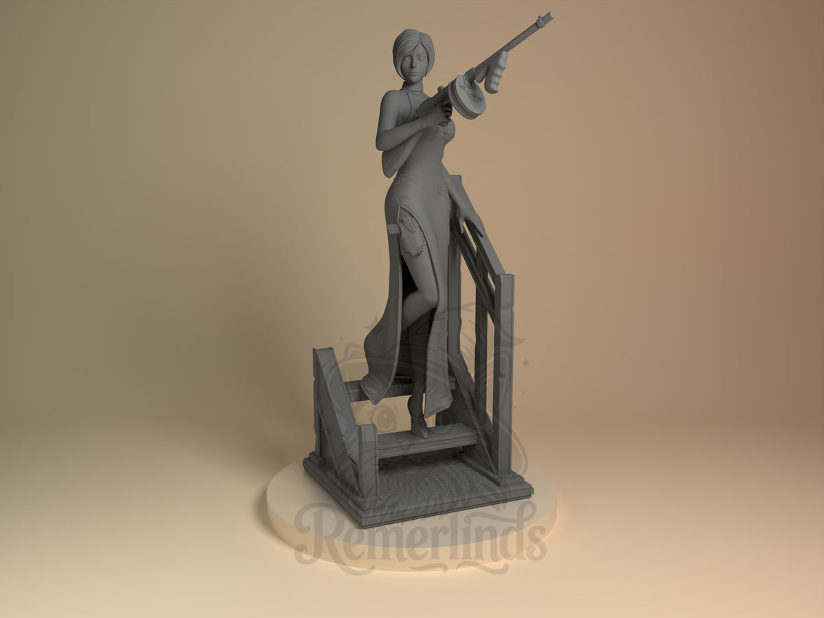 Ada Wong Resident Evil 3D printed resin figure by Nomnom, unpainted front view. The figure depicts Ada Wong in a poised, ready stance on a small staircase, clutching a drum gun across her chest. She wears a long, elegant dress with a thigh-high slit that reveals a gun holster, matching her calm yet prepared demeanor from the Resident Evil series. The carefully crafted base with stairs and railings adds depth to the miniature, enhancing the dynamic composition.