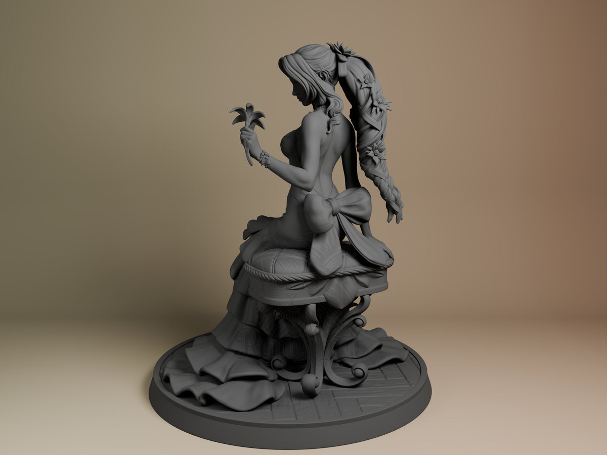 Aerith resin figure shown at angle, seated pose holding flower, detailed base with ornate pedestal, unpainted gray resin, by Bulkamancer.