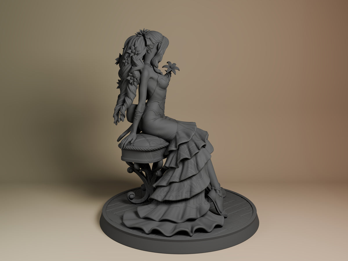 Aerith resin figure from Final Fantasy shown from back view, seated on ornate base wearing flowing ruffled dress, long braided hair with flowers, unpainted gray resin.