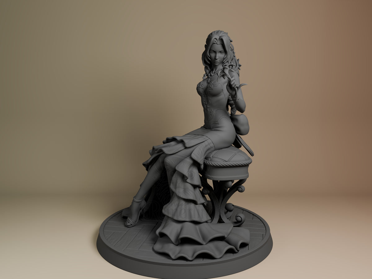 Aerith from Final Fantasy resin figure seated on ornate chair, front view, unpainted gray resin with detailed dress and hair, circular base.