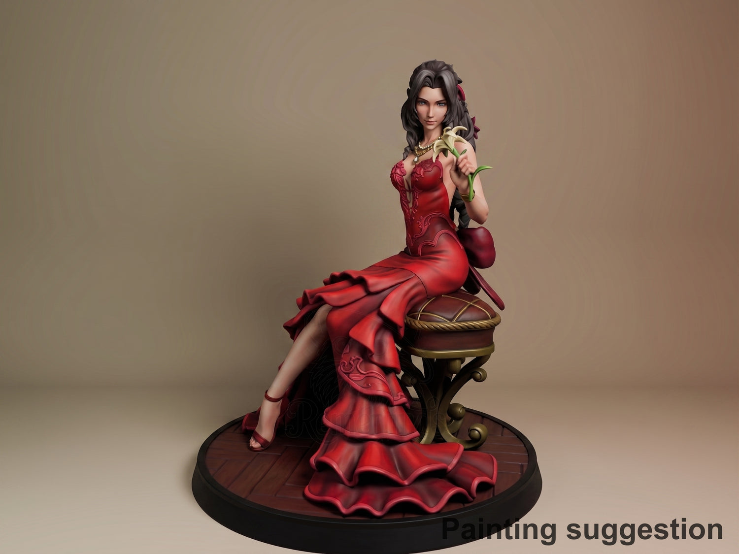 Aerith resin figure seated on ornate chair in red dress, holding pale flower, dark hair with pink clips, painted details on neutral background base.
