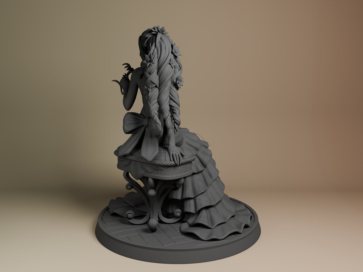 Aerith resin figure from Final Fantasy shown from left side, seated on ornate base wearing layered dress, long braided hair, unpainted gray finish.