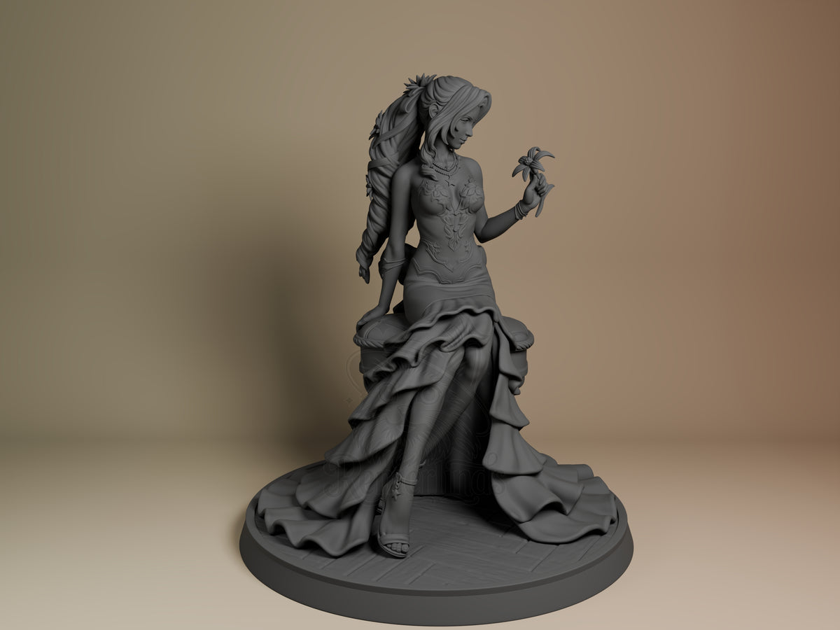 Aerith resin figure from Final Fantasy shown from right angle, seated pose holding flower, intricate dress with flowing train, unpainted gray resin on round base.
