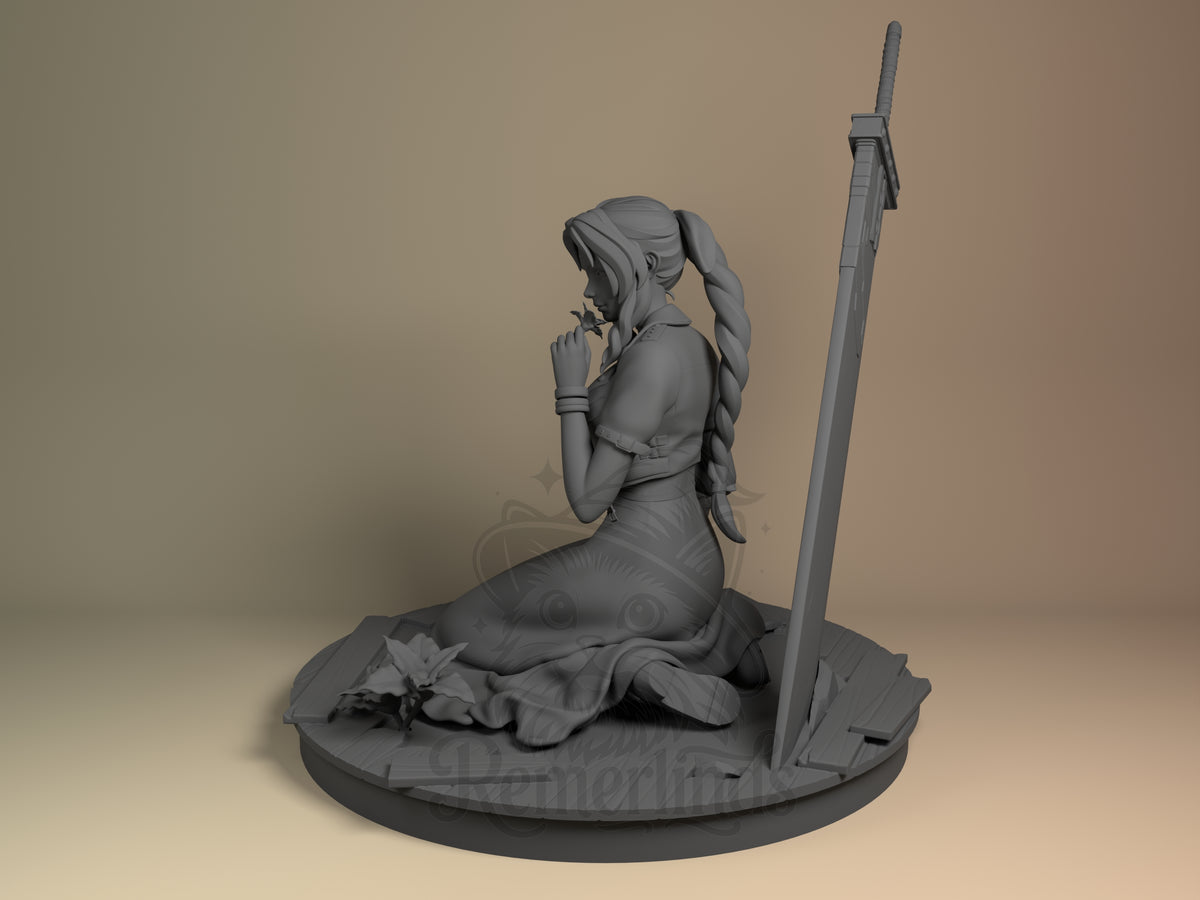 Aerith resin figure from Final Fantasy shown at angle, kneeling pose with long braided hair, holding staff, unpainted gray resin on scenic base.