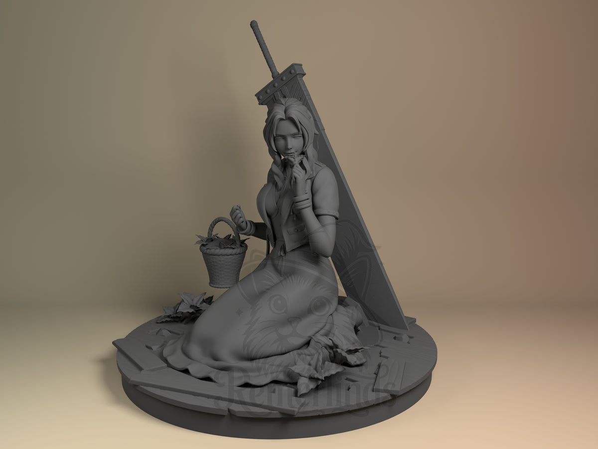 Aerith resin figure from Final Fantasy shown from front angle, seated with large sword behind, holding basket, on detailed base, unpainted gray finish.