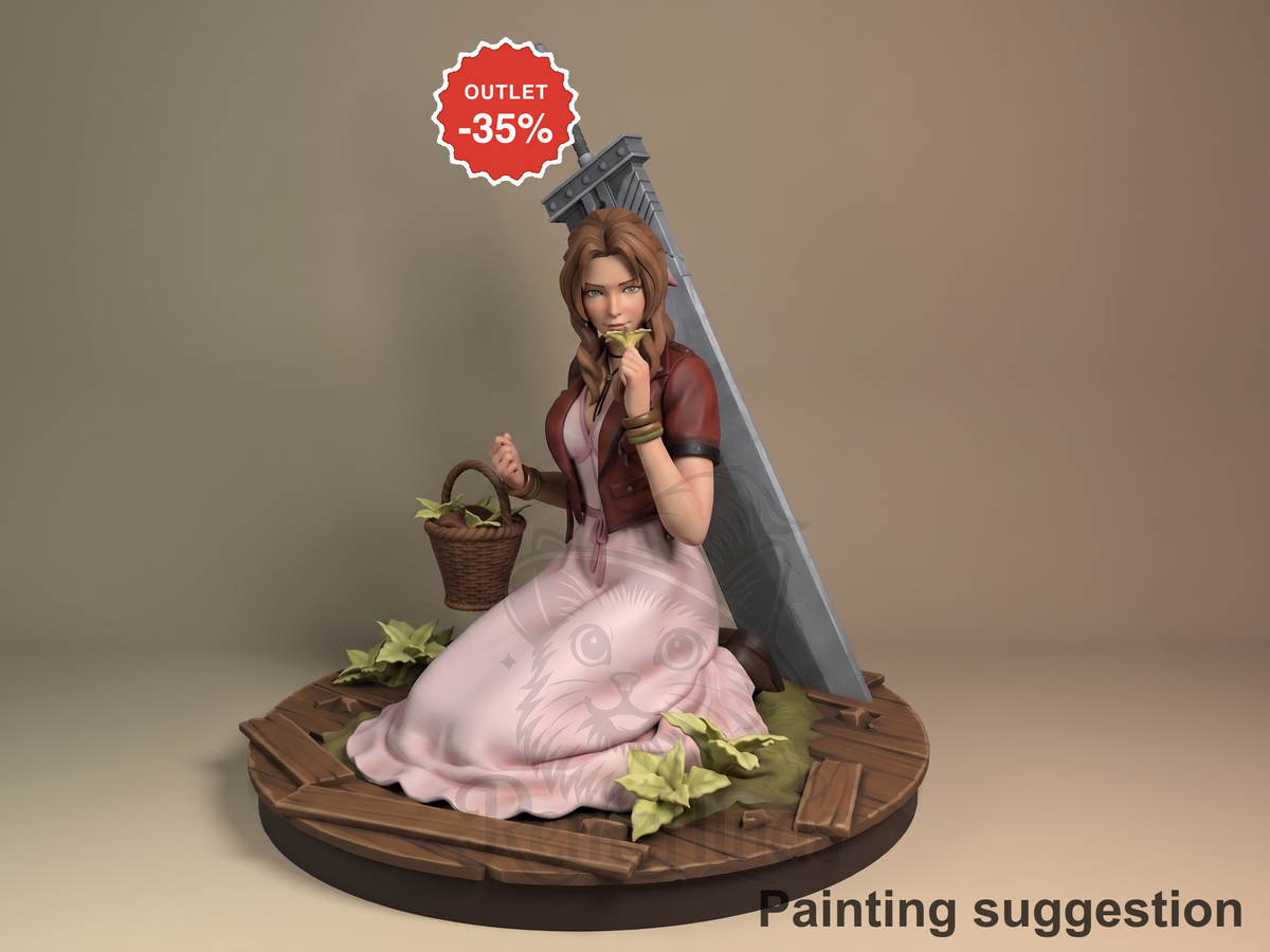 Aerith resin figure from Final Fantasy seated on wooden base with basket and sword, wearing burgundy jacket and pink dress, painted with outlet discount badge above.