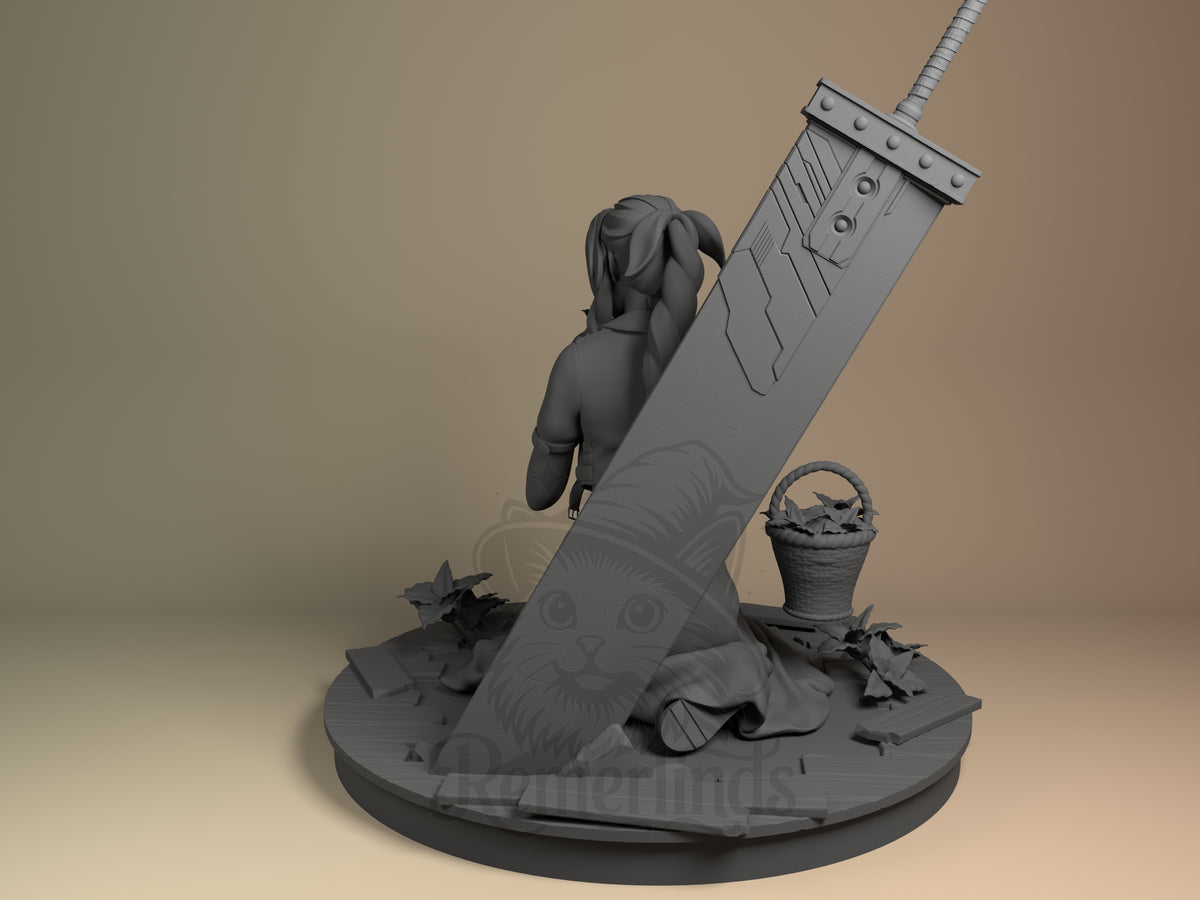 Aerith resin figure from Final Fantasy shown from left side, climbing giant sword on rocky base with cat and basket, unpainted gray prototype.