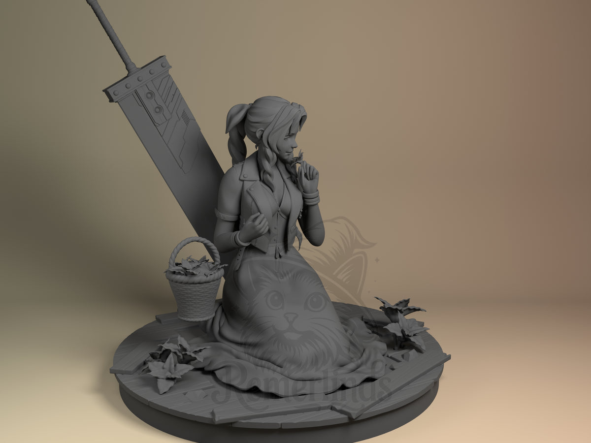 Aerith resin figure from Final Fantasy, unpainted gray, shown from right angle holding oversized buster sword with basket and flower base details.