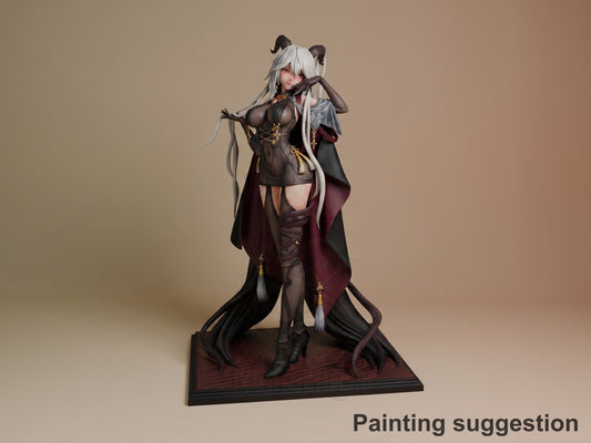 Agir from Azur Lane 2 resin figure posed three-quarter view on dark base, painted white hair with dark horns, black bodysuit with gold accents and flowing cape.