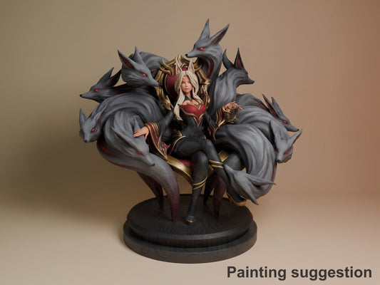 Ahri resin figure from League of Legends shown from front angle on black base, painted in gold, red, and gray with five ethereal wolf tails surrounding the character.