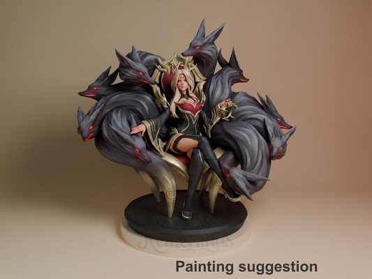 Ahri from League of Legends is a painted resin figure seated on a sculpted base with fox tails.