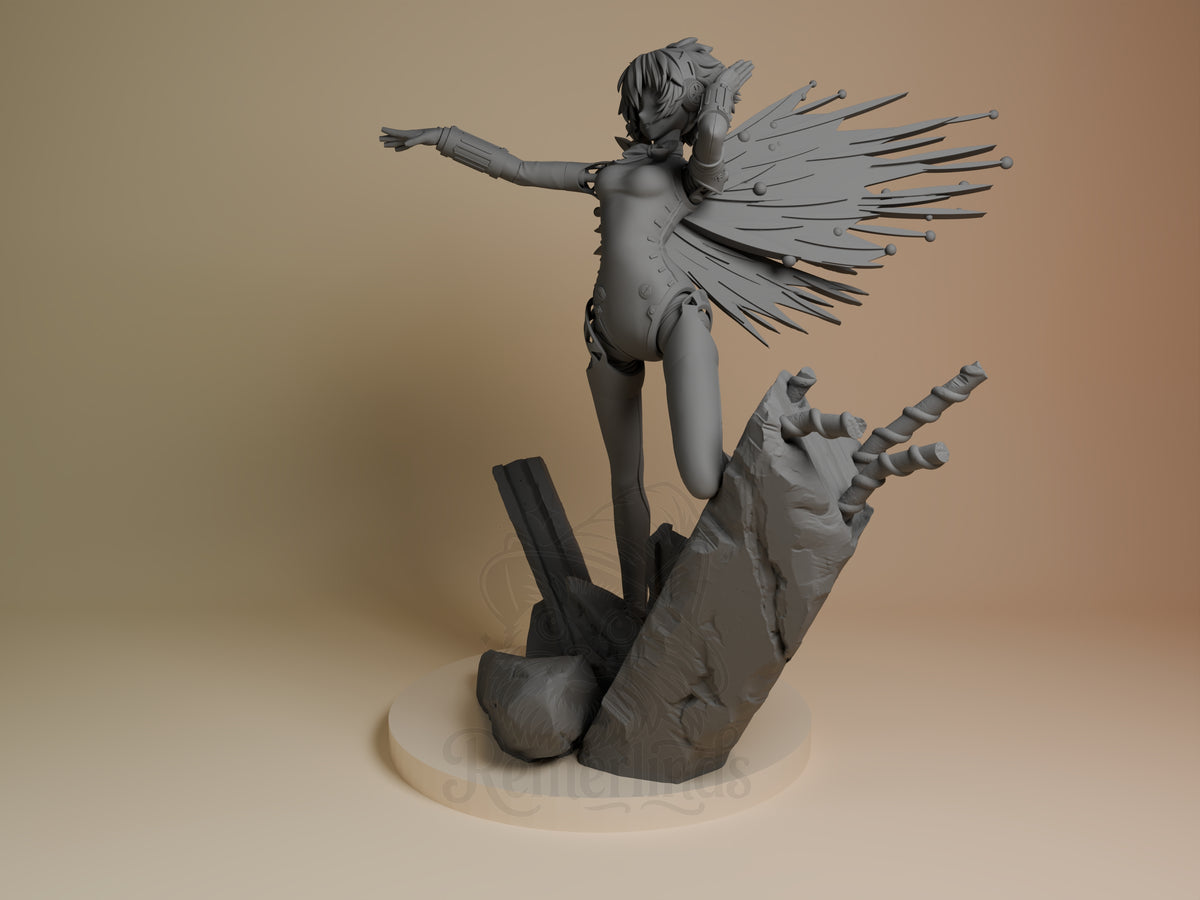 Aigis from Persona resin figure in an angled view, unpainted, with outstretched arms and wings.